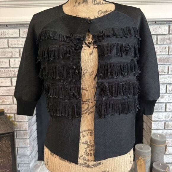 Black‎ Silk Fringe Crepe Crinkle Textured Bolero Cardigan Jacket Artsy Cropped - Picture 8 of 8